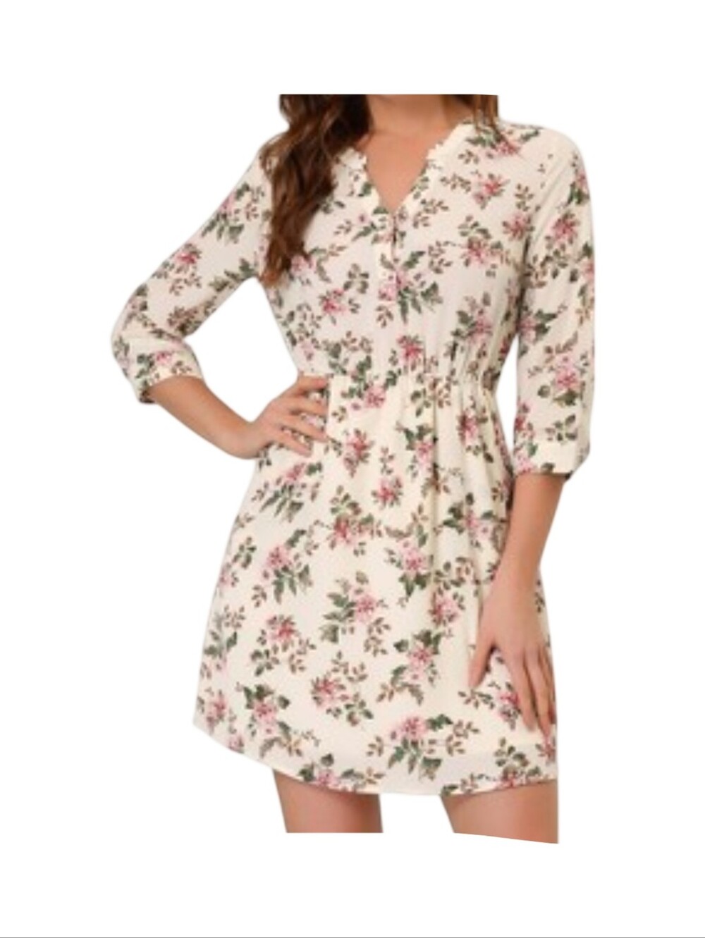NWOT Allegra K Size XS Floral V-Neck Smocked Waist Dress - Pink on Cream